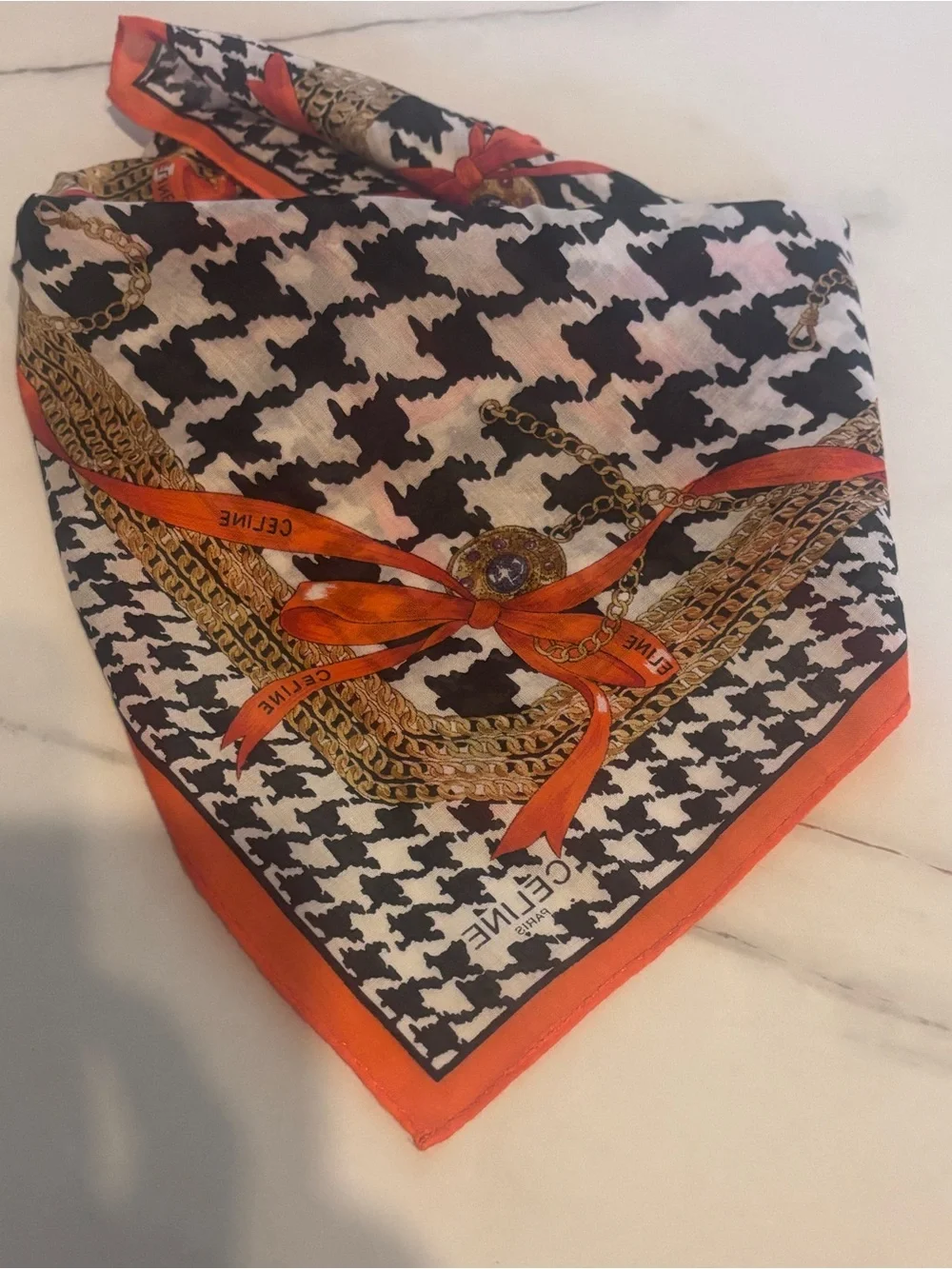 Celine Black, White & Orange Houndstooth cotton handkerchief with Chain Motif
